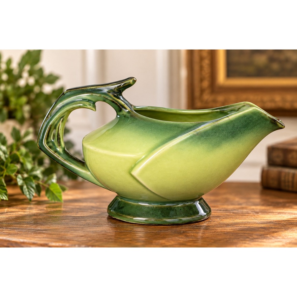 Vintage McCoy USA Green Pottery Creamer Pitcher Art Deco 3.5 Inch Sculptural
